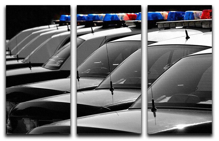 A striking 3-panel canvas print featuring a row of police cars with vibrant blue and red lights, perfect for modern decor.