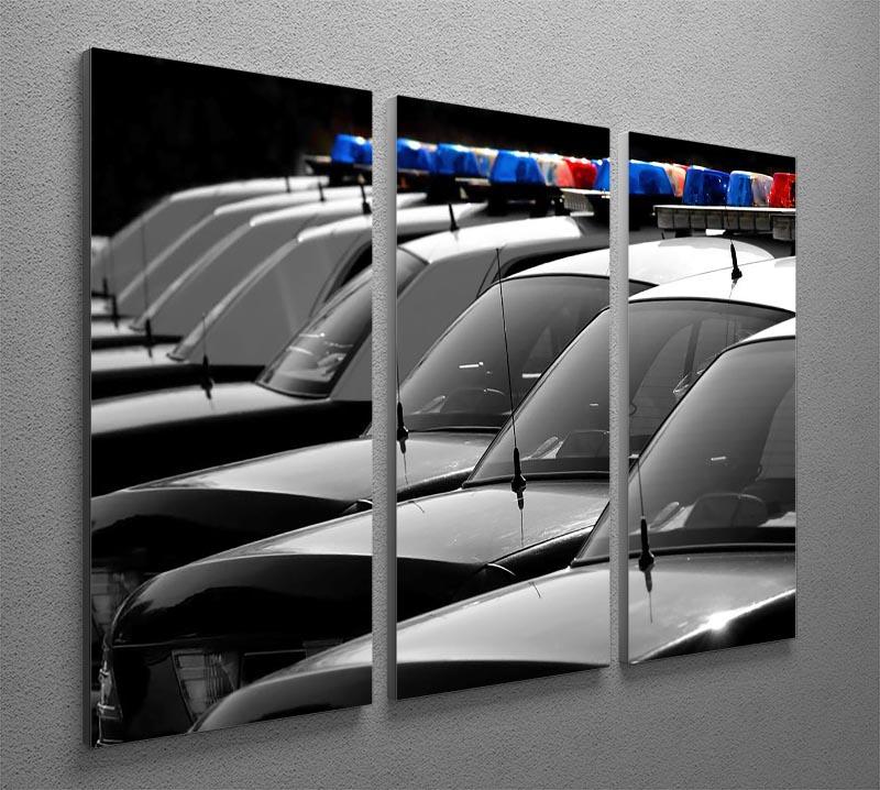A striking 3-panel canvas print featuring a row of police cars with vibrant blue and red lights, perfect for modern decor.