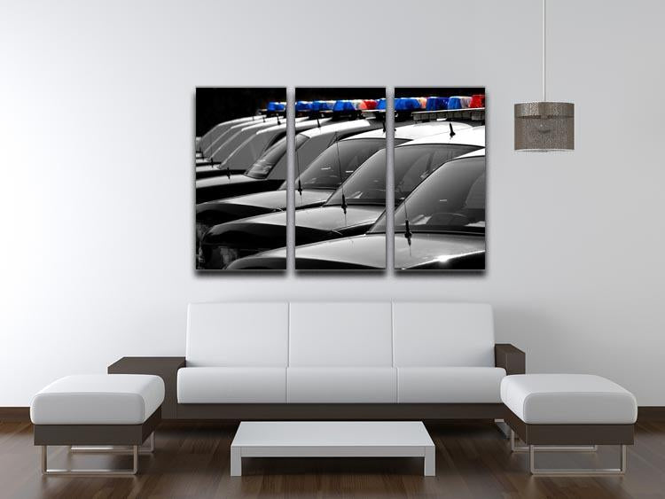 A striking 3-panel canvas print featuring a row of police cars with vibrant blue and red lights, perfect for modern decor.
