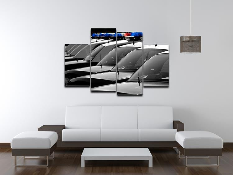 A vibrant 4-split canvas artwork featuring police cars with blue and red lights, arranged in a dynamic layout.