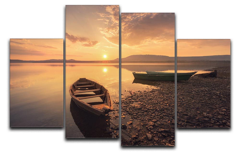 A beautiful 4-split canvas artwork depicting rowing boats against a vibrant sunset, creating a serene and dynamic visual experience.