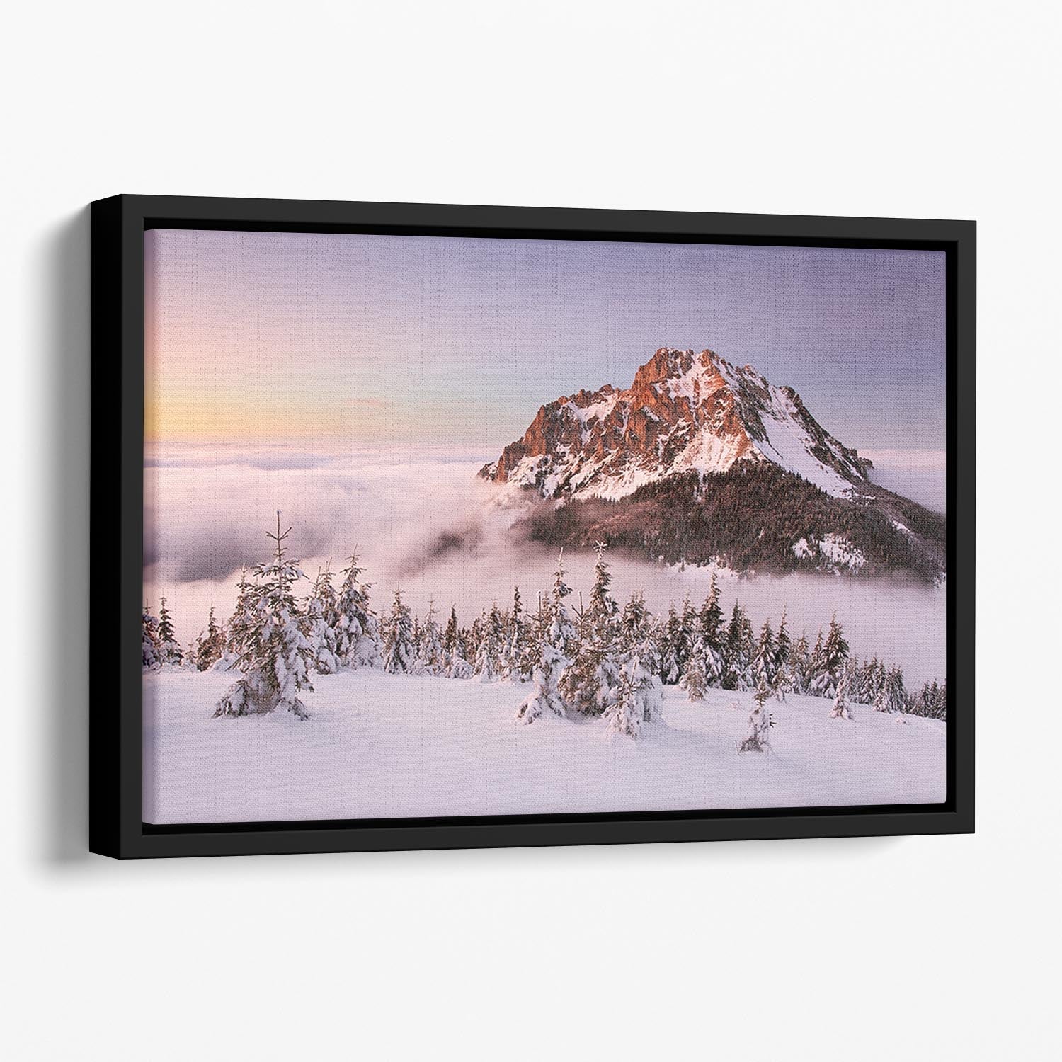 Rozsutec Peak Floating Framed Canvas featuring vibrant abstract colors and elegant wooden frame.