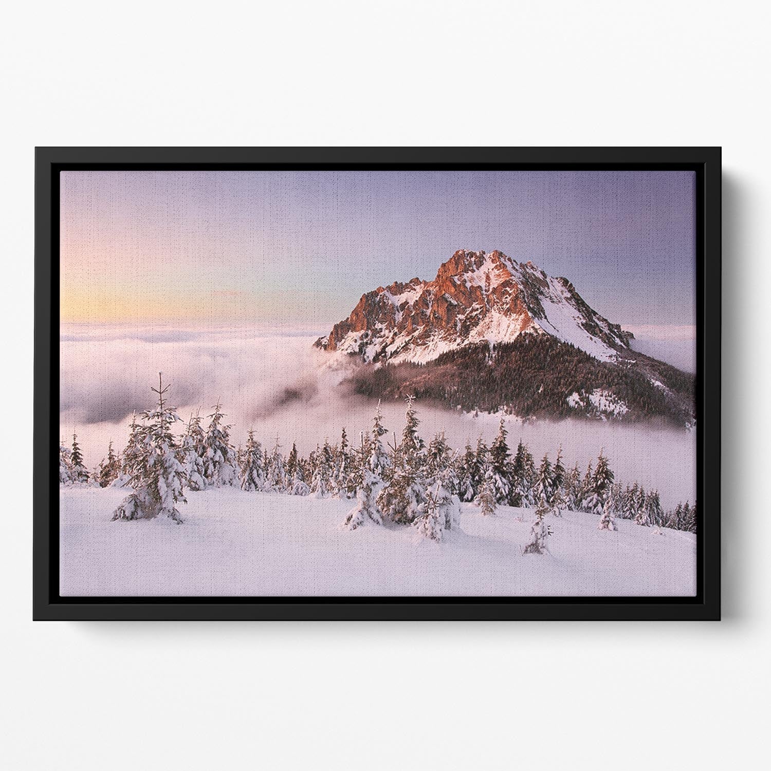 Rozsutec Peak Floating Framed Canvas featuring vibrant abstract colors and elegant wooden frame.