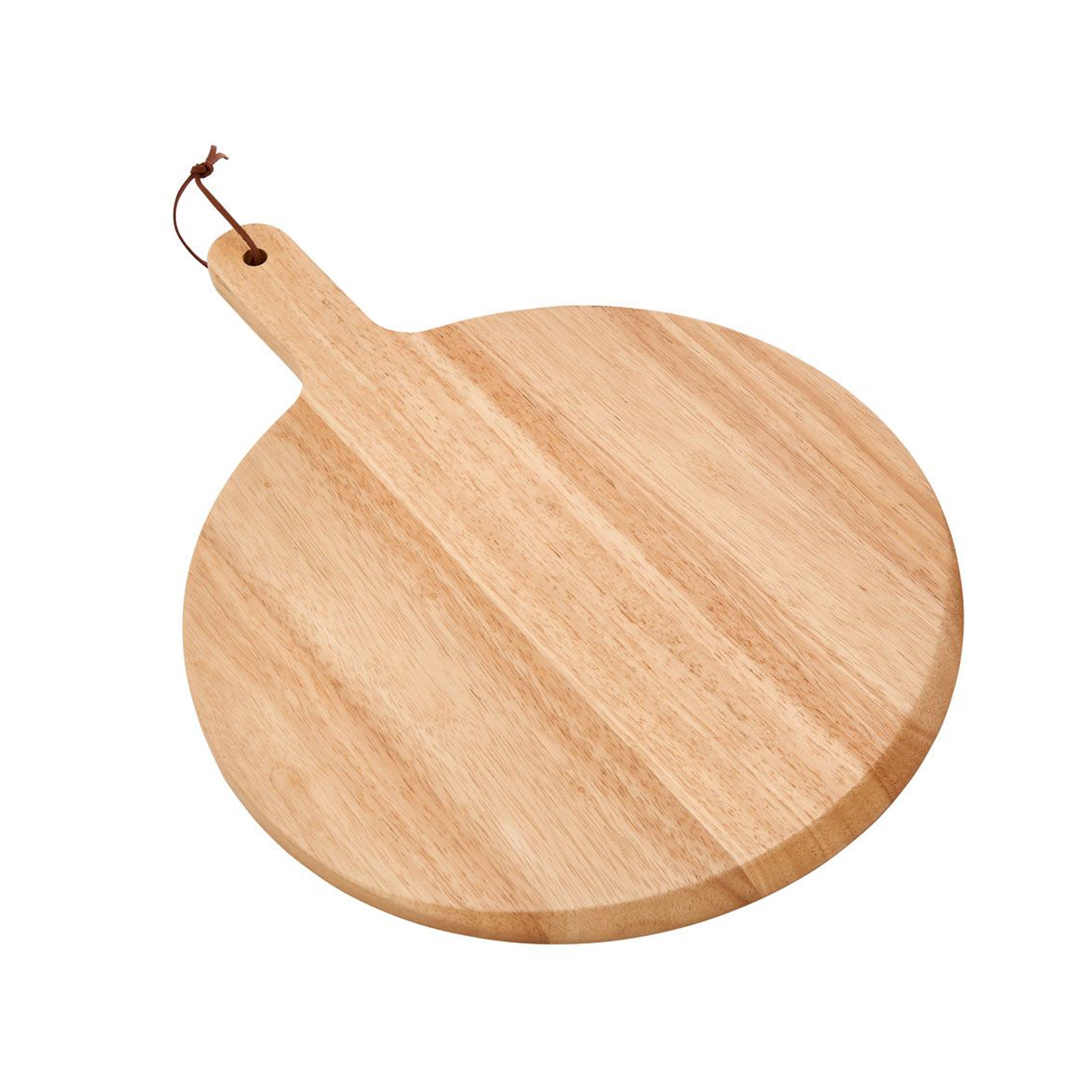 Rubberwood pizza board with handle, 13.5 inches in diameter, featuring a beveled edge and leather strap for hanging.