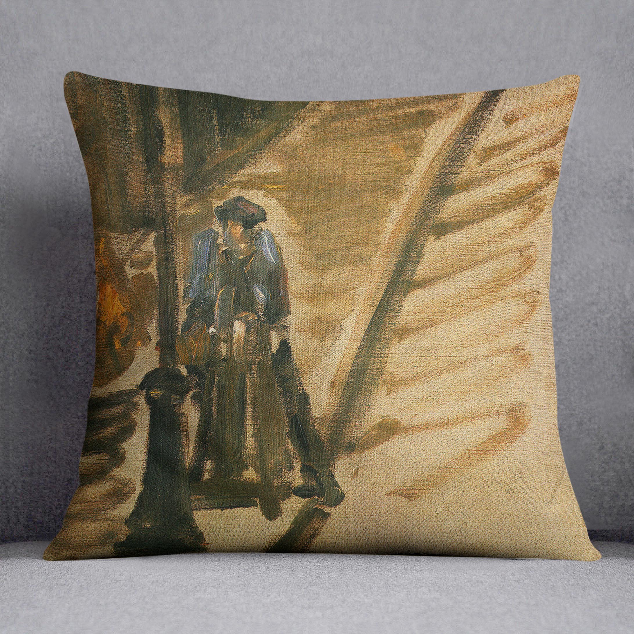 Rue Mossnier Cushion featuring a vibrant knife grinder design on luxurious vegan faux suede, perfect for home decor.