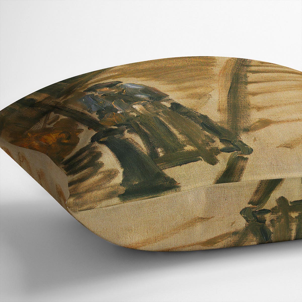 Rue Mossnier Cushion featuring a vibrant knife grinder design on luxurious vegan faux suede, perfect for home decor.