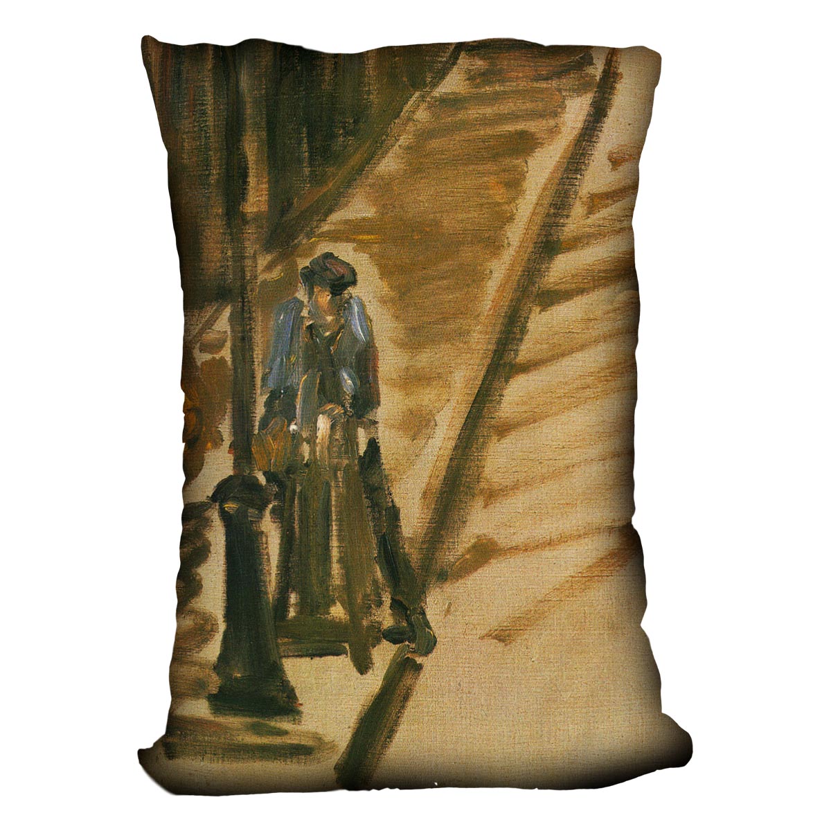 Rue Mossnier Cushion featuring a vibrant knife grinder design on luxurious vegan faux suede, perfect for home decor.