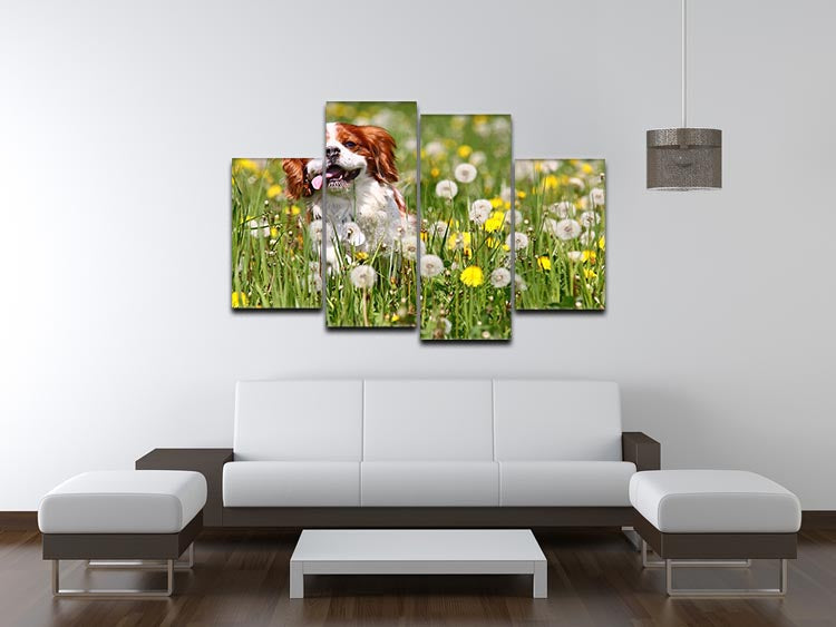 A vibrant 4-split canvas artwork featuring a running dog, showcasing dynamic movement and energy across four panels.