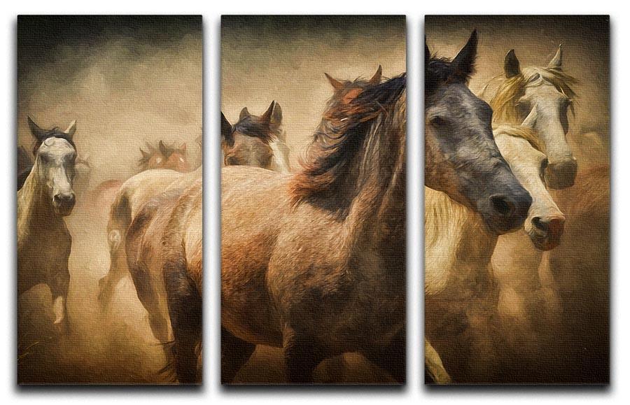 A beautiful 3-panel canvas print featuring running horses in motion, showcasing vibrant colors and dynamic imagery.