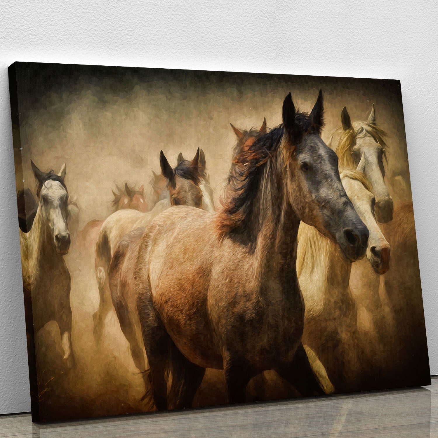 A beautiful canvas print featuring running horses in a dynamic pose, showcasing their strength and grace in a natural setting.