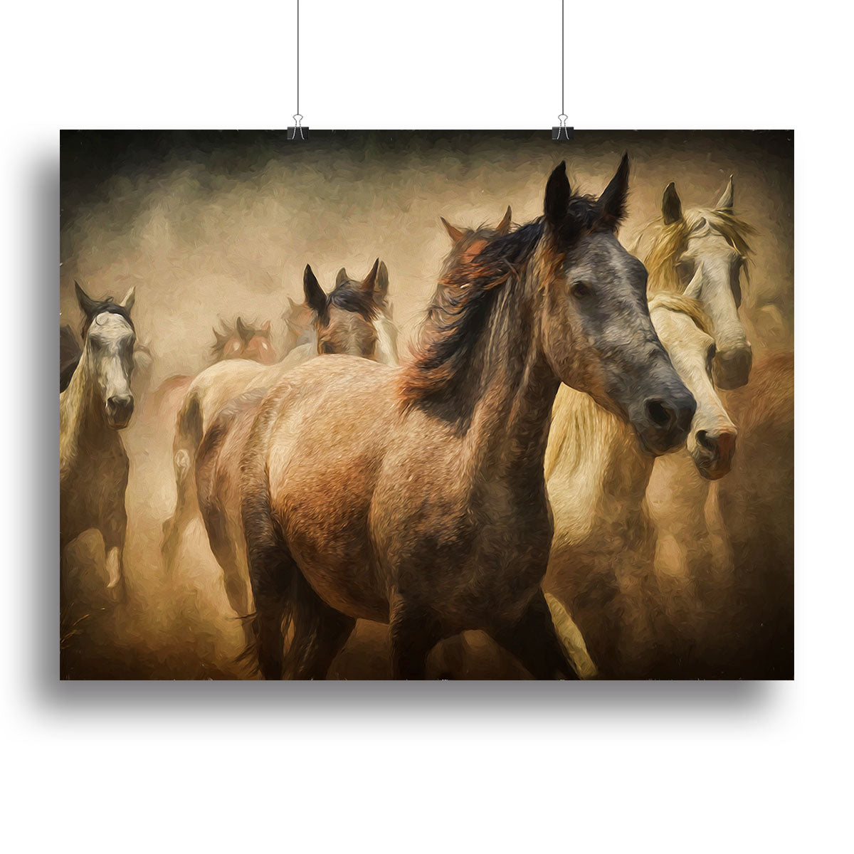 A beautiful canvas print featuring running horses in a dynamic pose, showcasing their strength and grace in a natural setting.