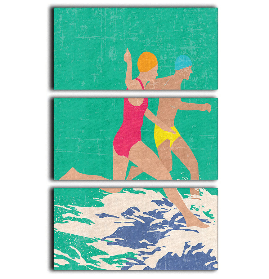 A stunning 3-panel canvas print featuring green running swimmers, perfect for enhancing any living space.