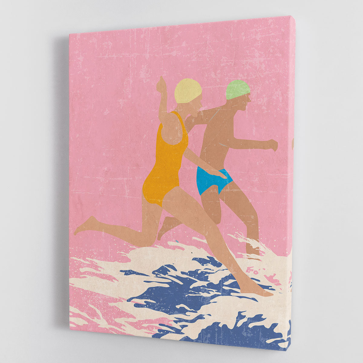 A vibrant pink canvas print featuring dynamic swimmers in motion, perfect for home decor.