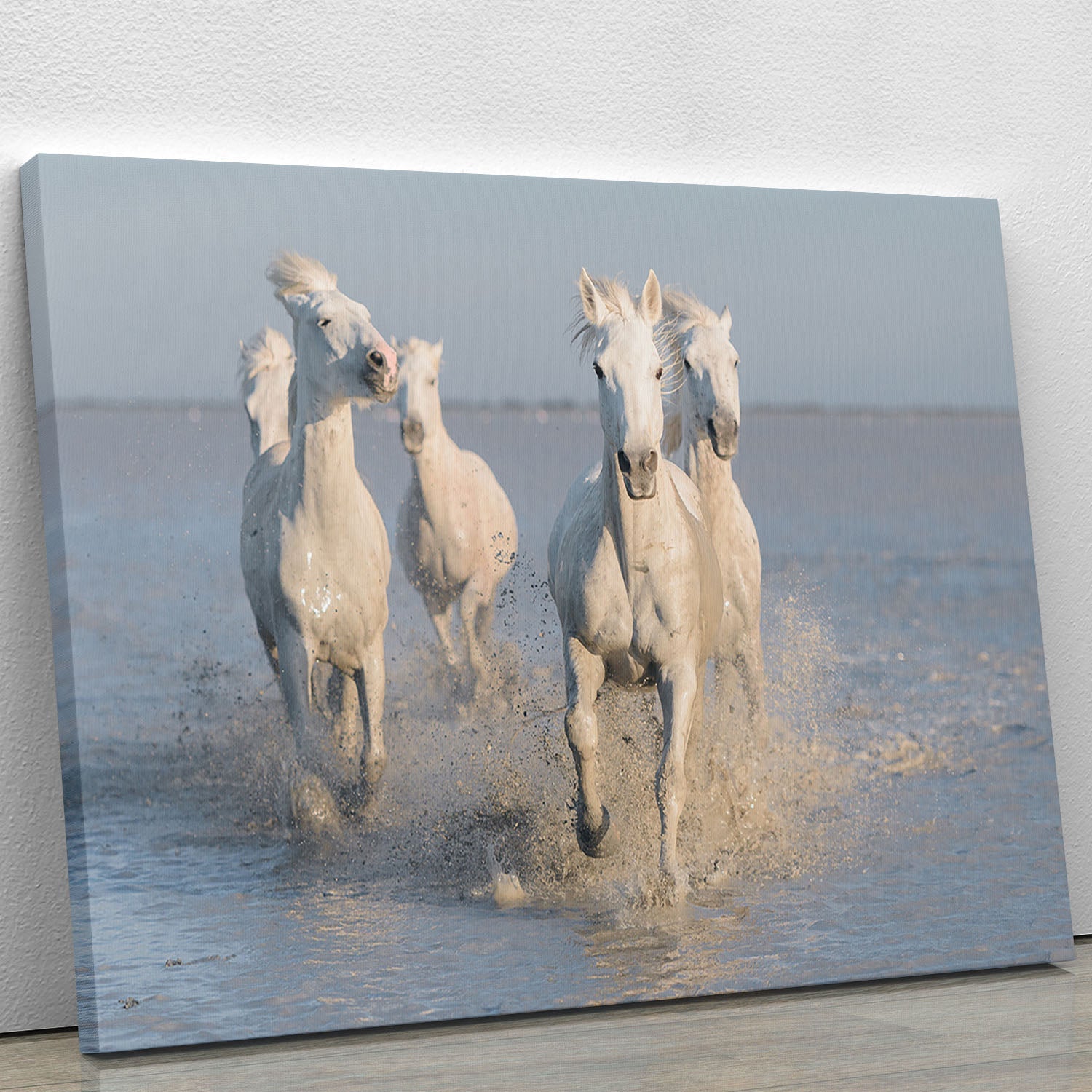 A beautiful canvas print of Running White Horses in motion, showcasing their grace and power against a serene background.