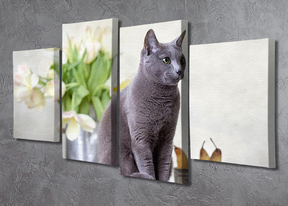 A beautiful Russian Blue cat sitting on a table surrounded by pears and tulips, displayed in a 4-split canvas format.