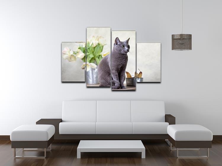 A beautiful Russian Blue cat sitting on a table surrounded by pears and tulips, displayed in a 4-split canvas format.