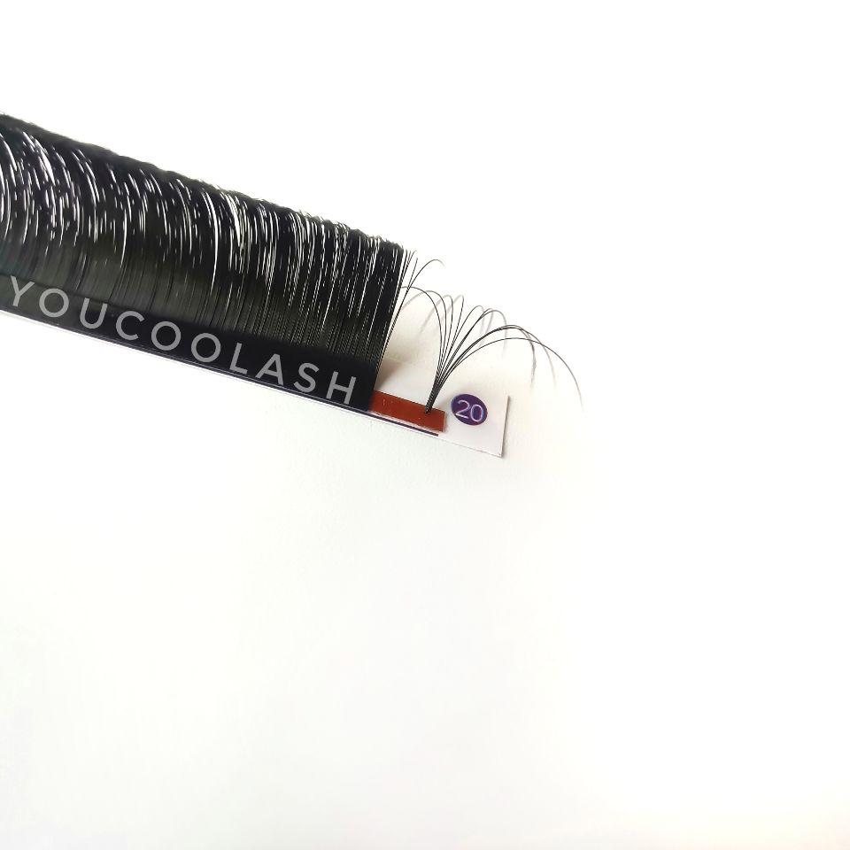 A close-up view of Russian Volume lashes 3D-6D made from high-quality Korean silk, showcasing their soft texture and various curl options.