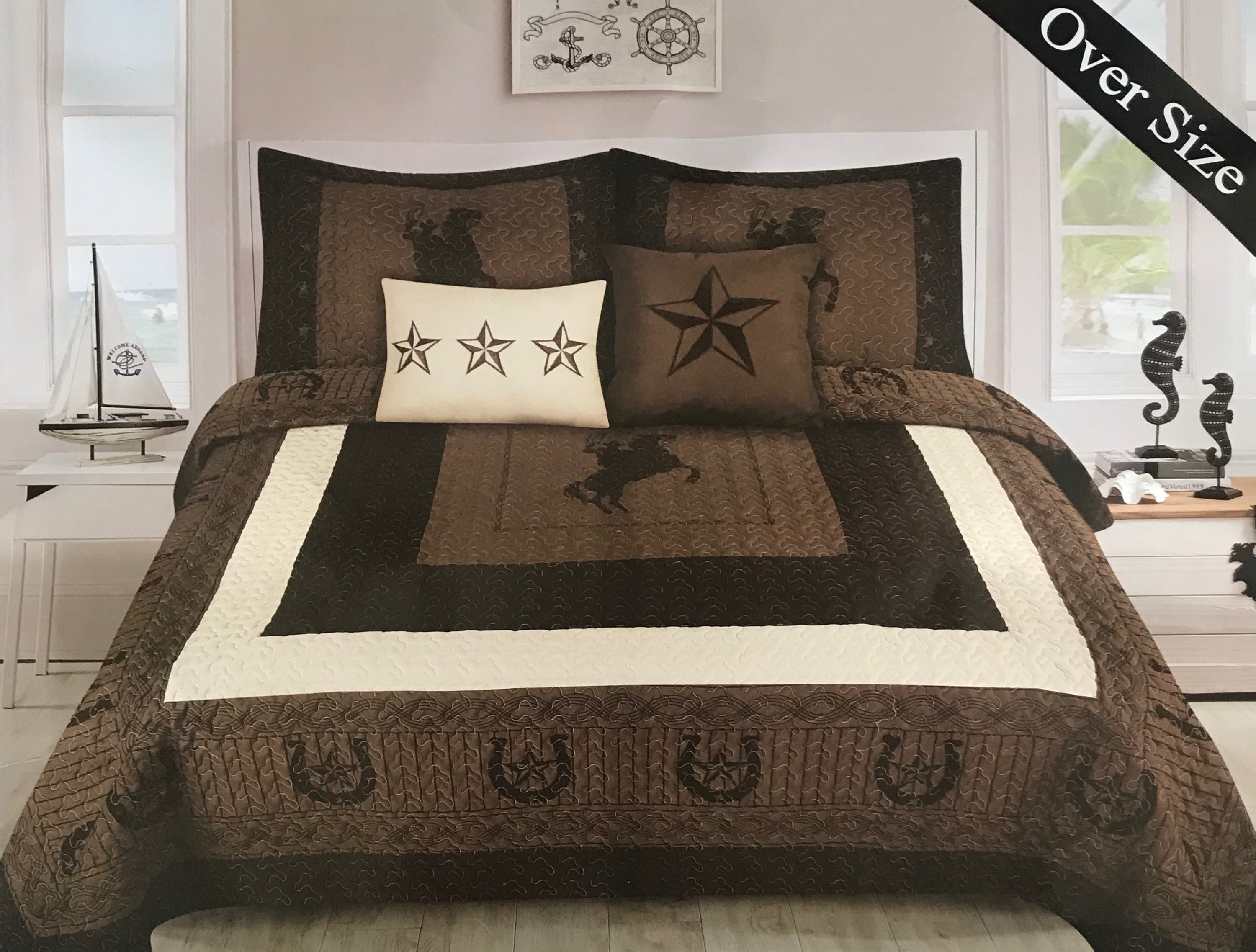 Rustic Brown Riding Cowboy Horseshoe Quilt Set featuring western design with horseshoe motifs, includes bedspread, pillow shams, and bonus pillows.