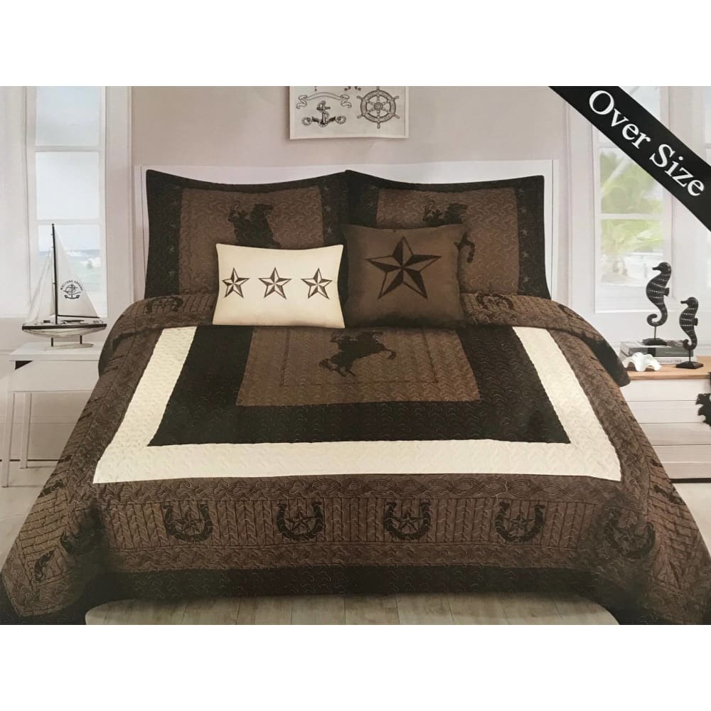Rustic Brown Riding Cowboy Horseshoe Quilt Set featuring western design with horseshoe motifs, includes bedspread, pillow shams, and bonus pillows.