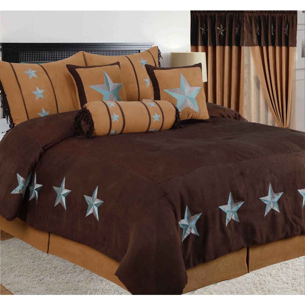 Rustic Brown Western Turquoise Star Microsuede Comforter Set displayed on a bed, featuring western star appliques and decorative pillows.