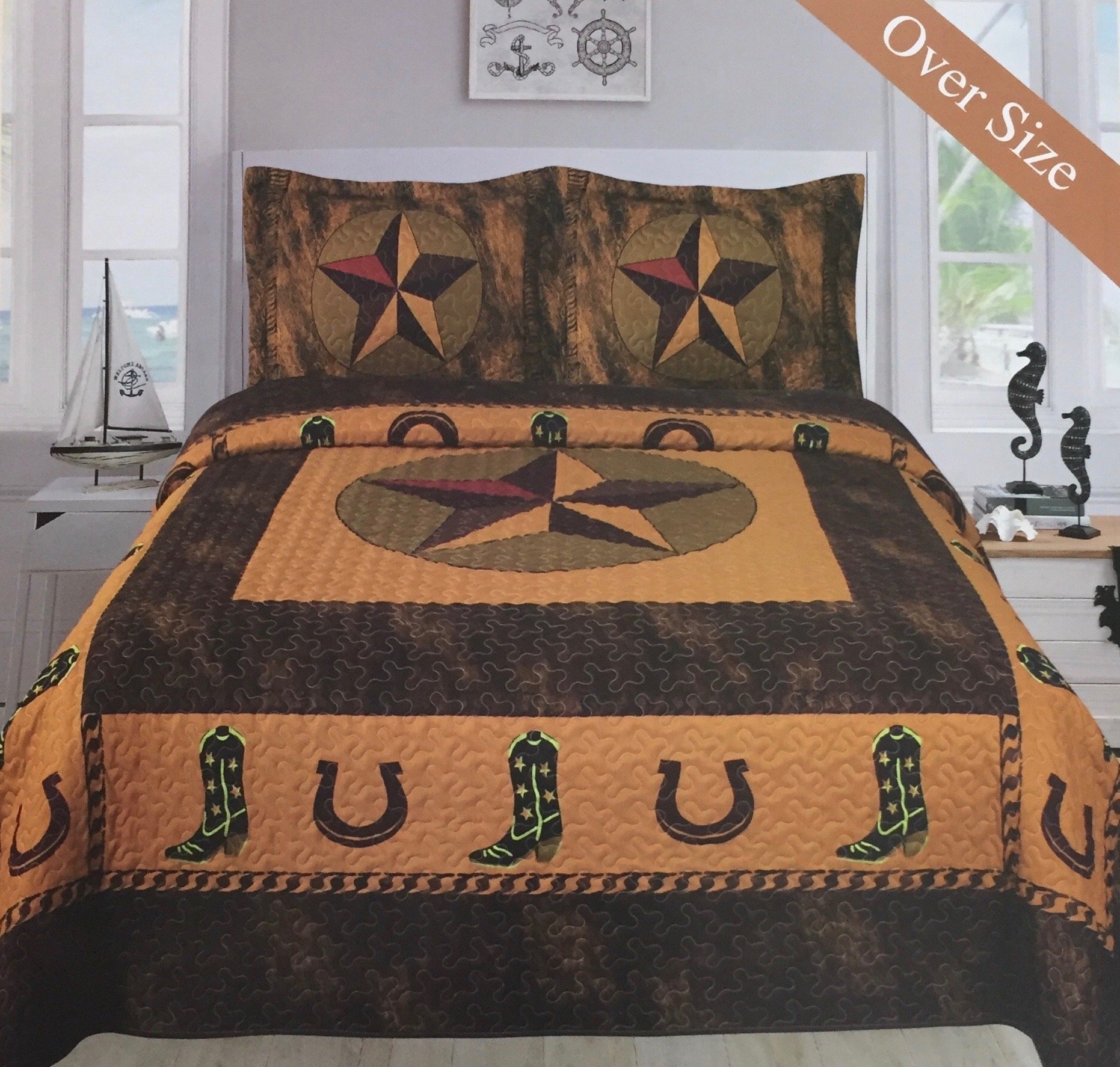 Rustic Western Cowboy Star Barbed Wire Quilt Bedspread set featuring vibrant colors and intricate designs, perfect for a cozy bedroom.