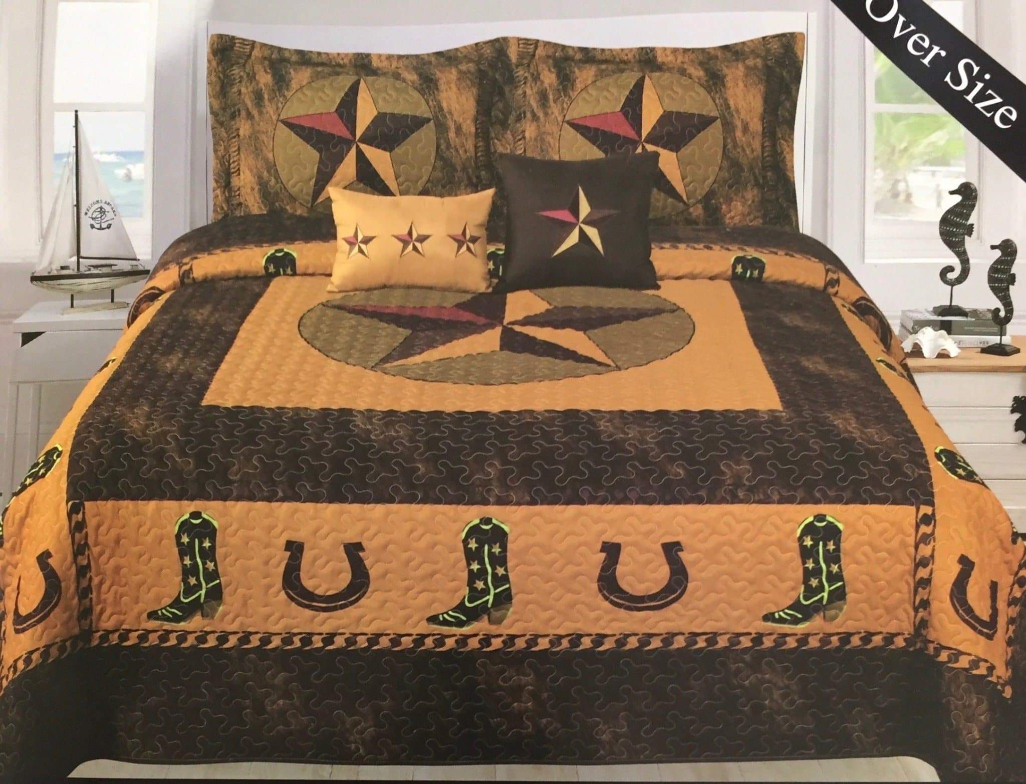 Rustic Western Cowboy Star Barbed Wire Quilt Bedspread set featuring vibrant colors and intricate designs, perfect for a cozy bedroom.