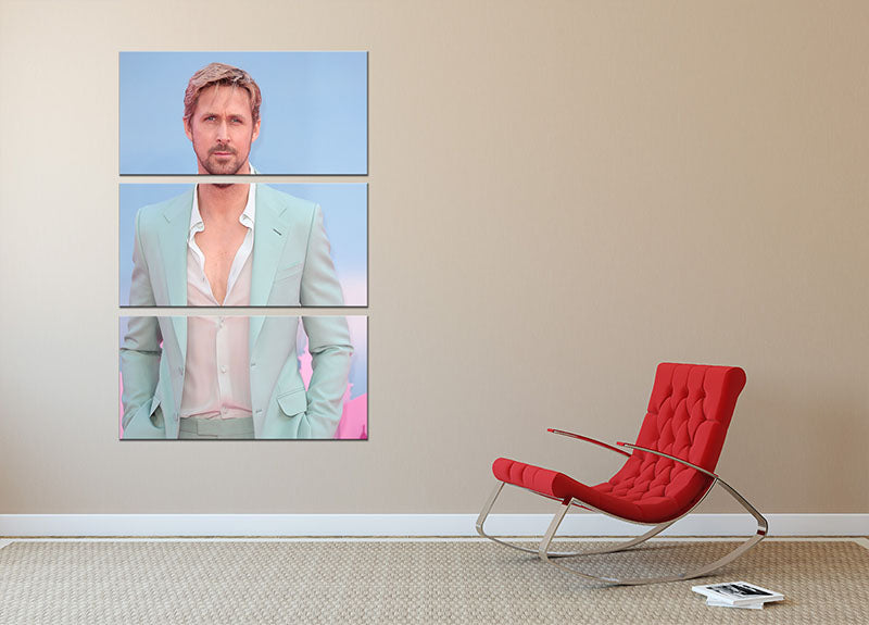 A stunning 3-panel canvas print featuring Ryan Gosling at the Barbie premiere, showcasing vibrant colors and elegant design.
