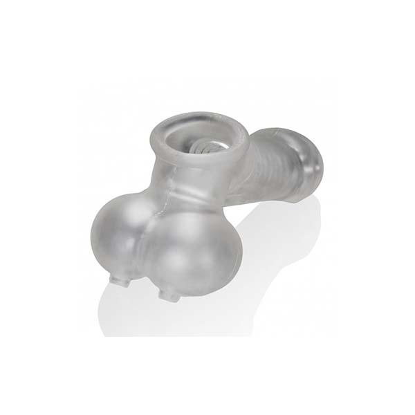 Transparent double-barrel glass pipe.