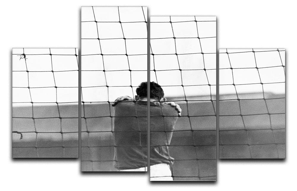 Sad Goalkeeper 4 Split Panel Canvas artwork featuring a divided image of a goalkeeper in a poignant pose, ideal for sports-themed decor.