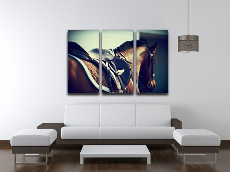 A beautiful 3-panel canvas featuring a saddle with stirrups on the back of a brown horse, showcasing intricate details and vibrant colors.
