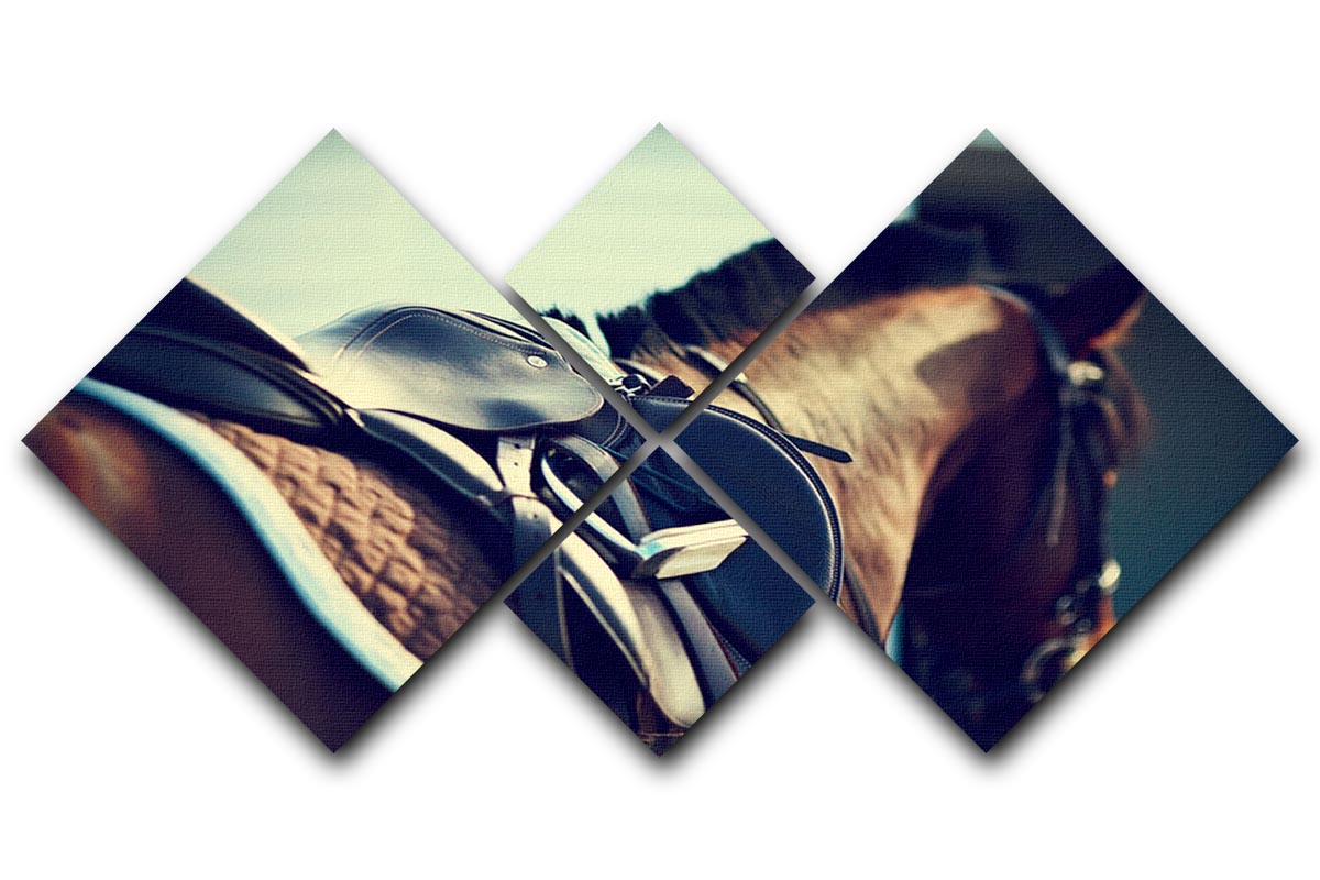 A 4-square canvas artwork featuring a saddle with stirrups on a brown horse, beautifully displayed.