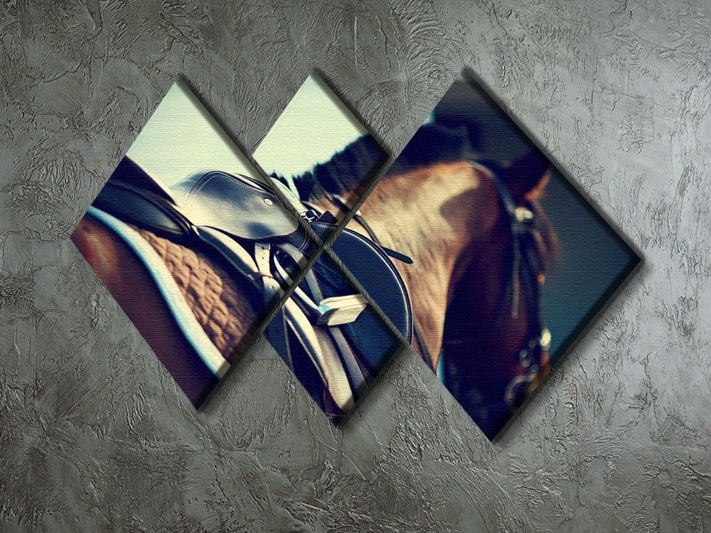 A 4-square canvas artwork featuring a saddle with stirrups on a brown horse, beautifully displayed.