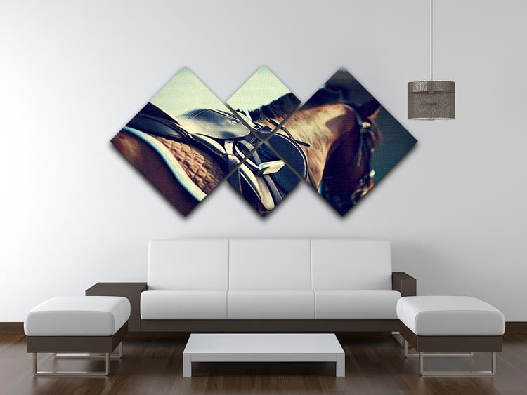 A 4-square canvas artwork featuring a saddle with stirrups on a brown horse, beautifully displayed.