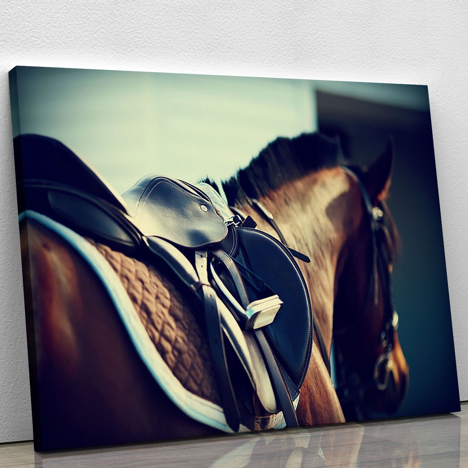 A detailed canvas print featuring a saddle with stirrups on the back of a brown horse, showcasing equestrian elegance.