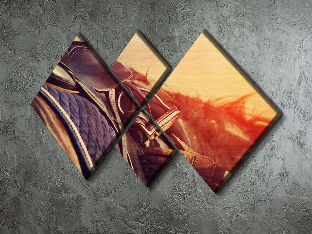 A beautifully designed 4-square canvas artwork featuring a saddle with stirrups on a horse's back, showcasing equestrian elegance.