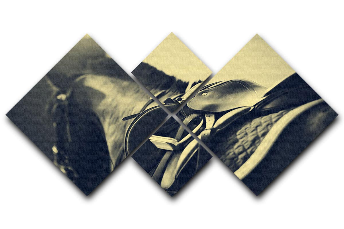 A stylish 4 Square Multi Panel saddle with stirrups designed for sport horses, showcasing its unique square design.