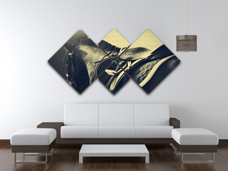 A stylish 4 Square Multi Panel saddle with stirrups designed for sport horses, showcasing its unique square design.