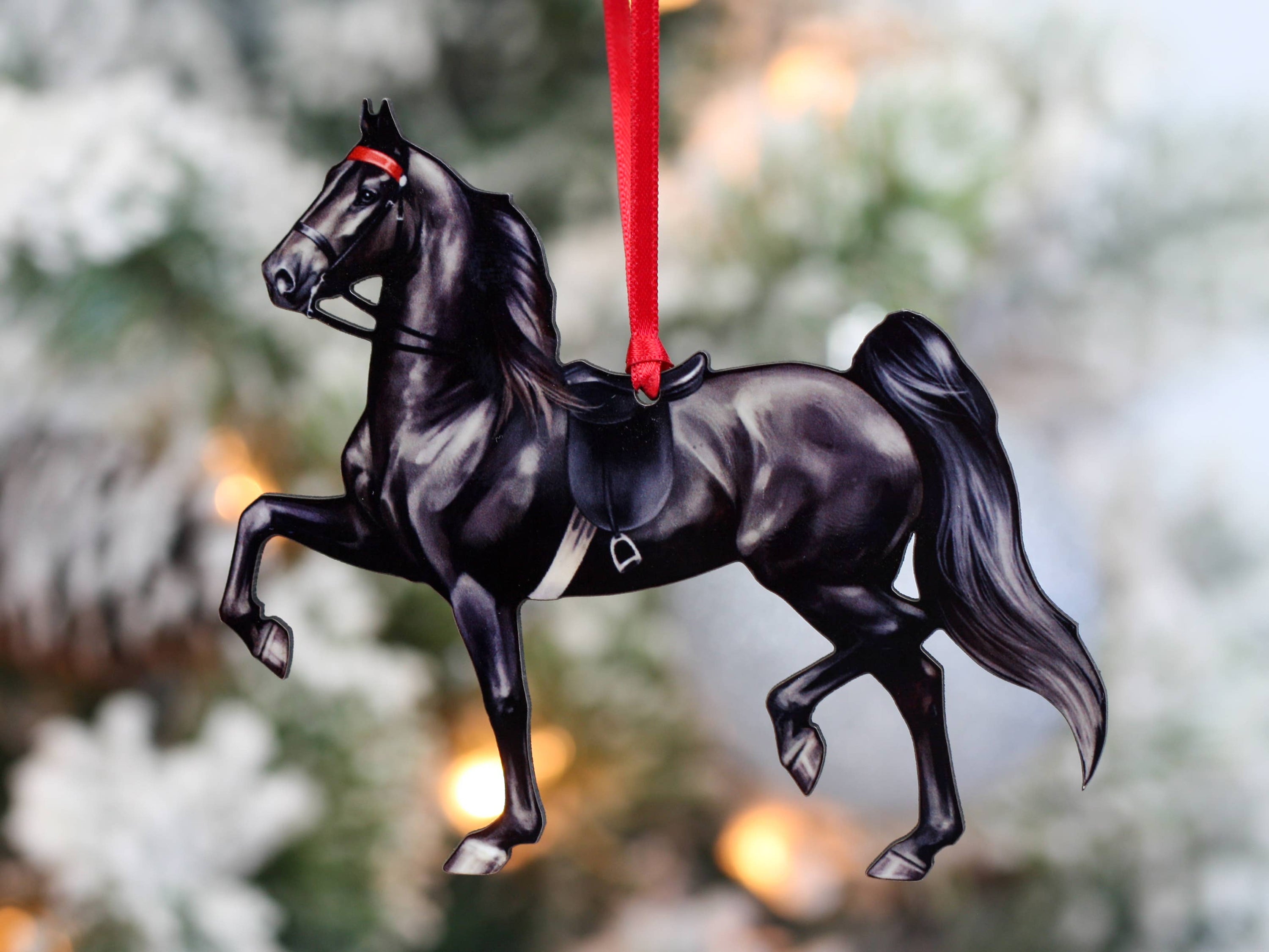 Saddlebred Horse Ornament in black, handmade from composite wood, featuring a glossy finish and intricate laser-cut design.