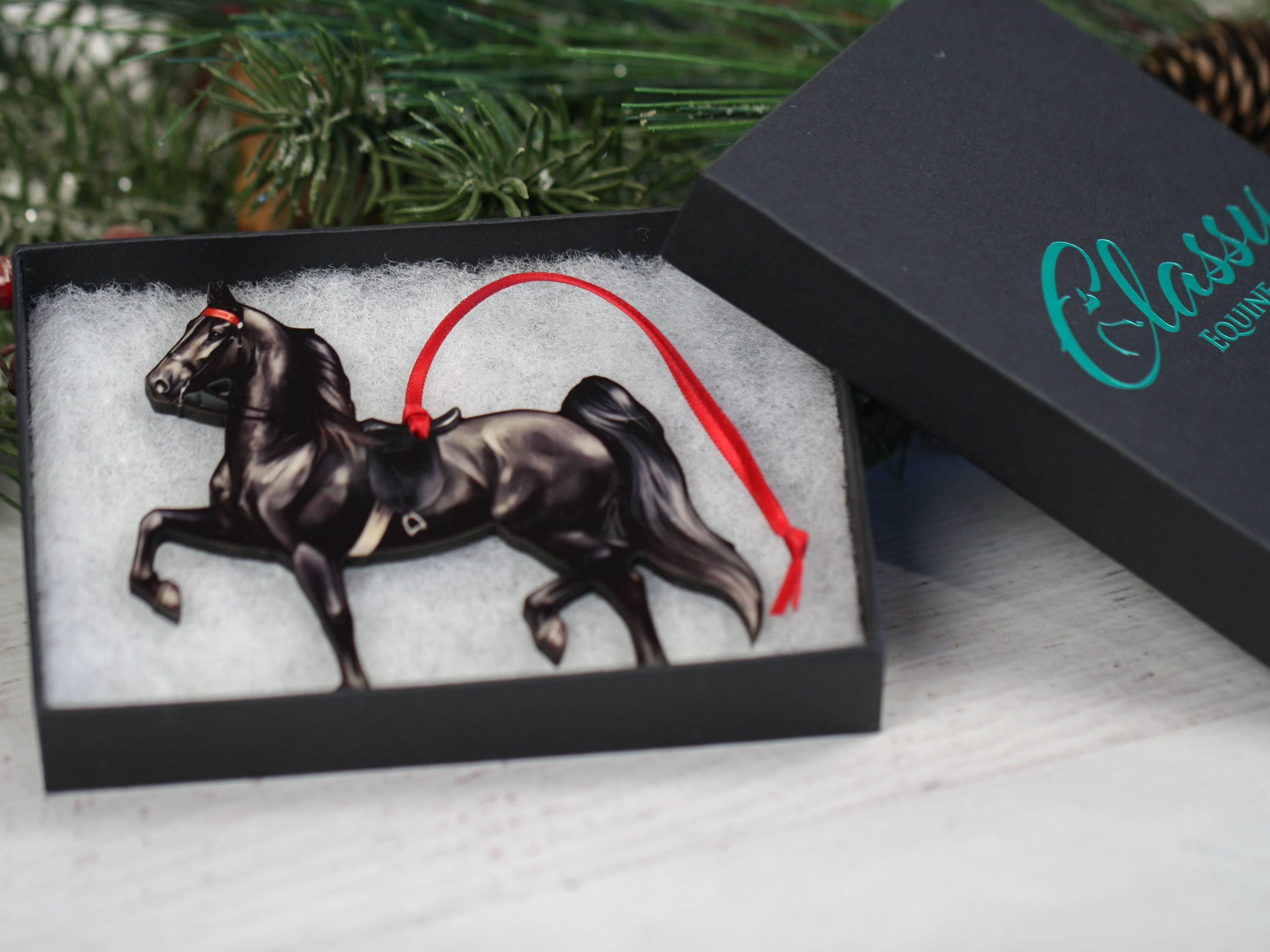 Saddlebred Horse Ornament in black, handmade from composite wood, featuring a glossy finish and intricate laser-cut design.