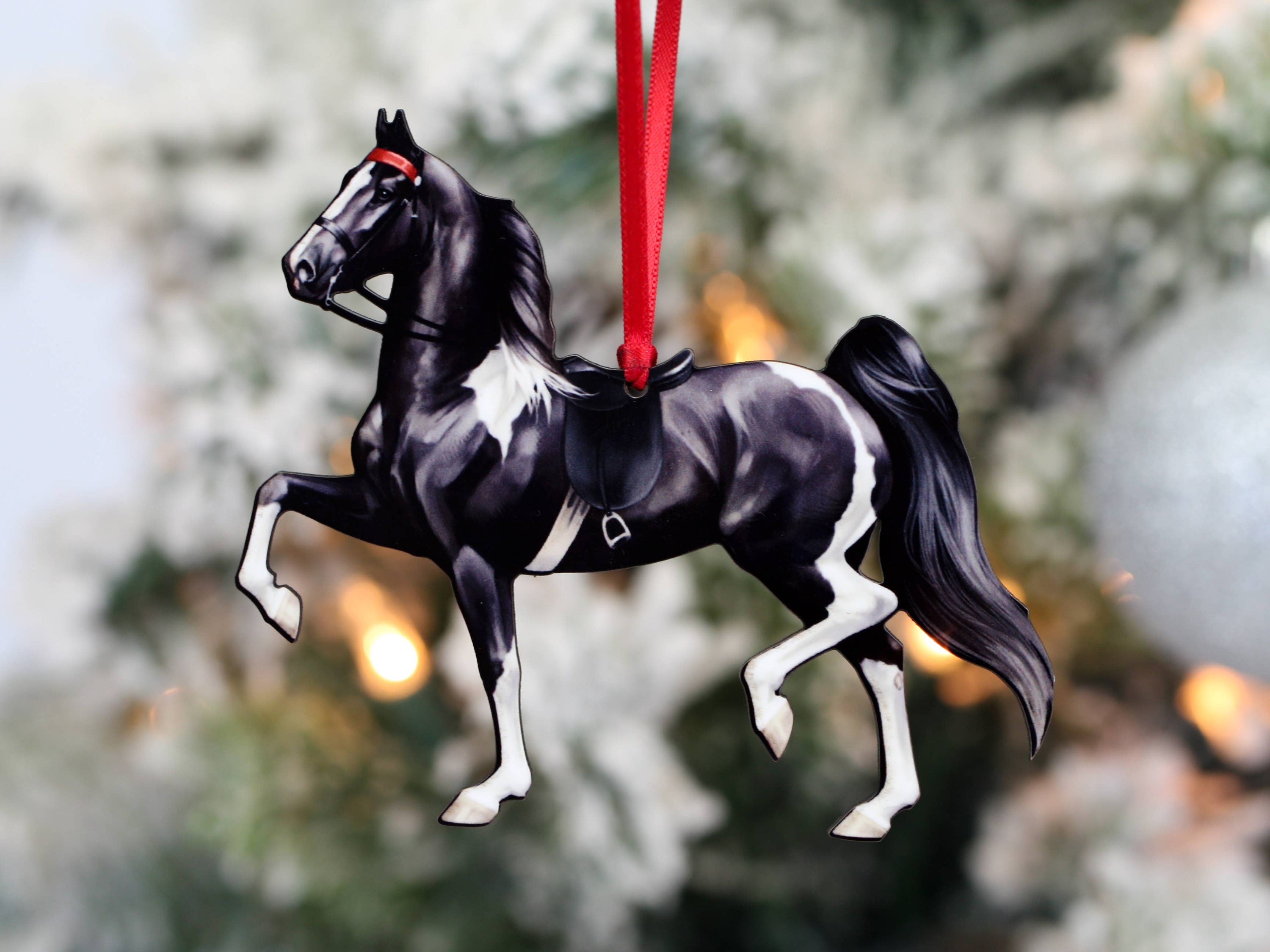 Handcrafted Black Tobiano Saddlebred Horse Ornament, made from composite wood with a glossy finish, perfect for holiday decor.