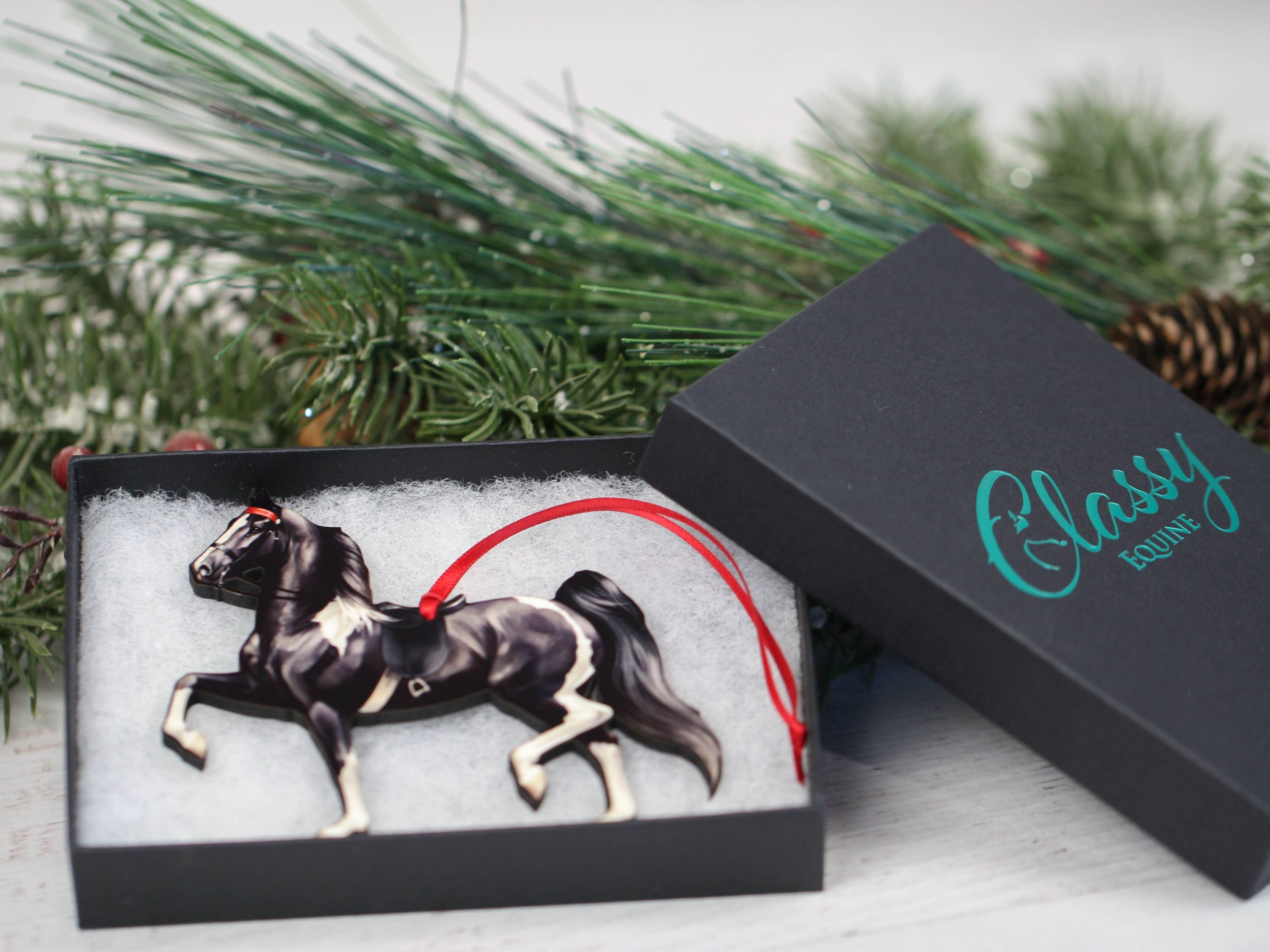 Handcrafted Black Tobiano Saddlebred Horse Ornament, made from composite wood with a glossy finish, perfect for holiday decor.