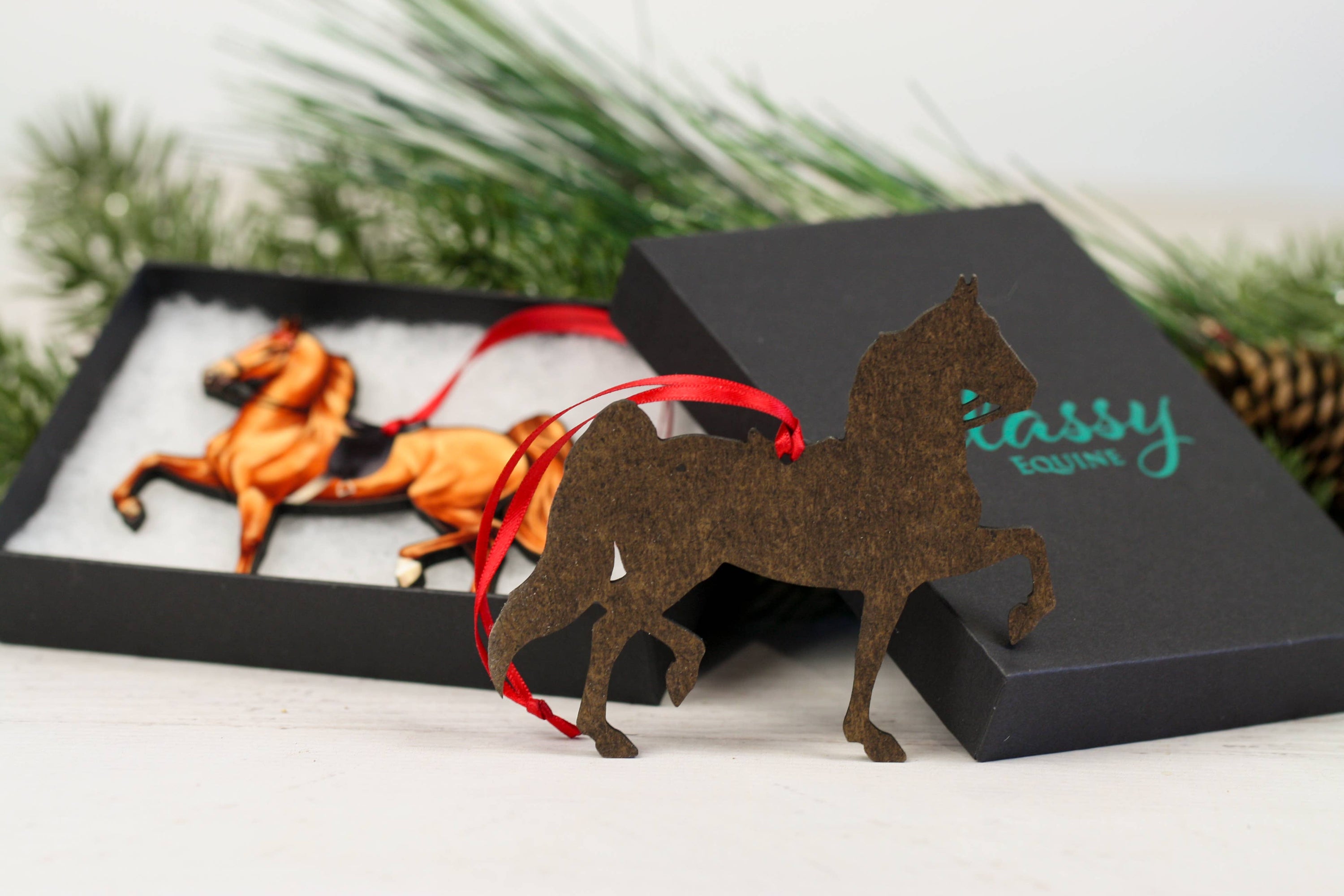 Handcrafted Black Tobiano Saddlebred Horse Ornament, made from composite wood with a glossy finish, perfect for holiday decor.