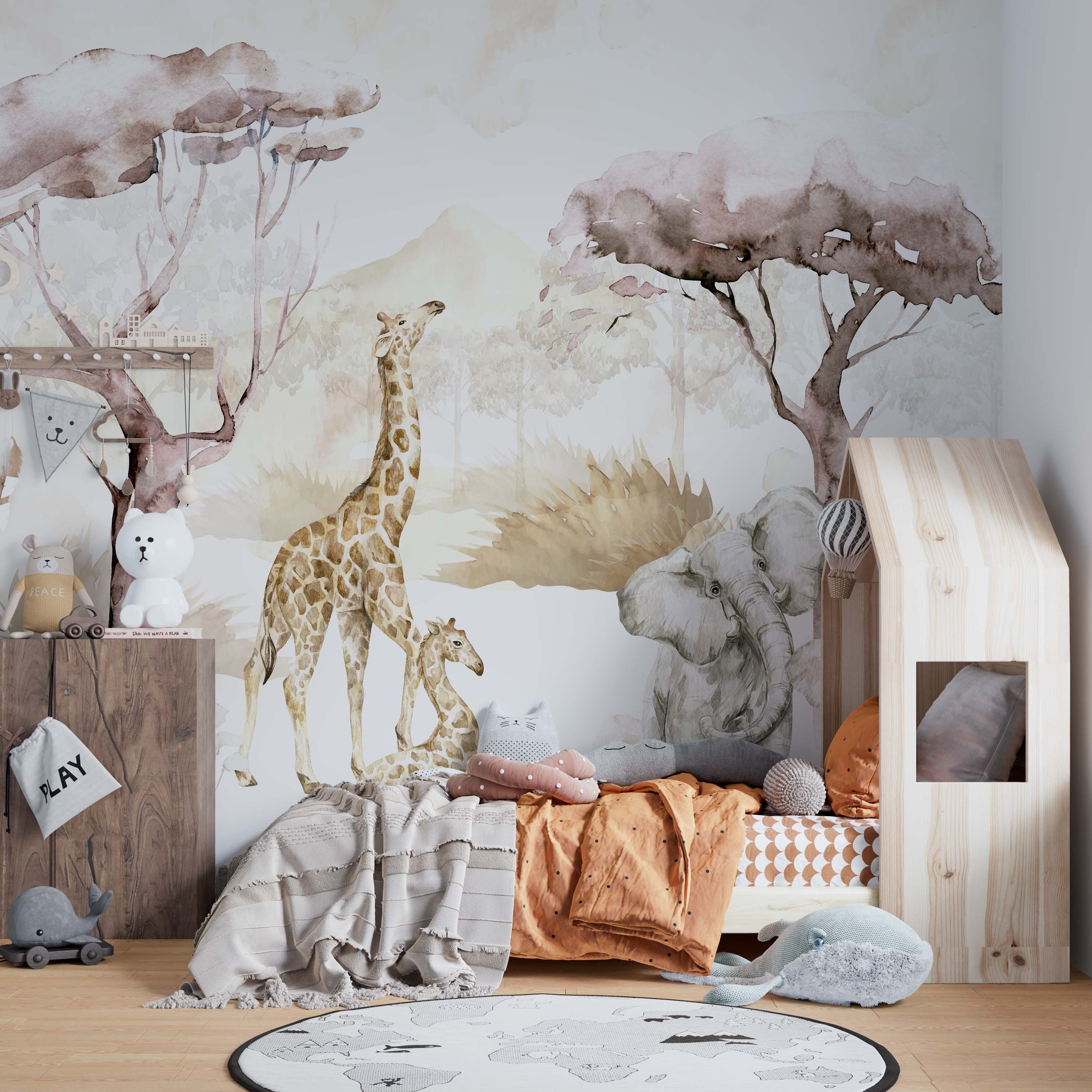 A beautifully illustrated Safari Wall Mural depicting the African savanna with wildlife and scenic landscapes.