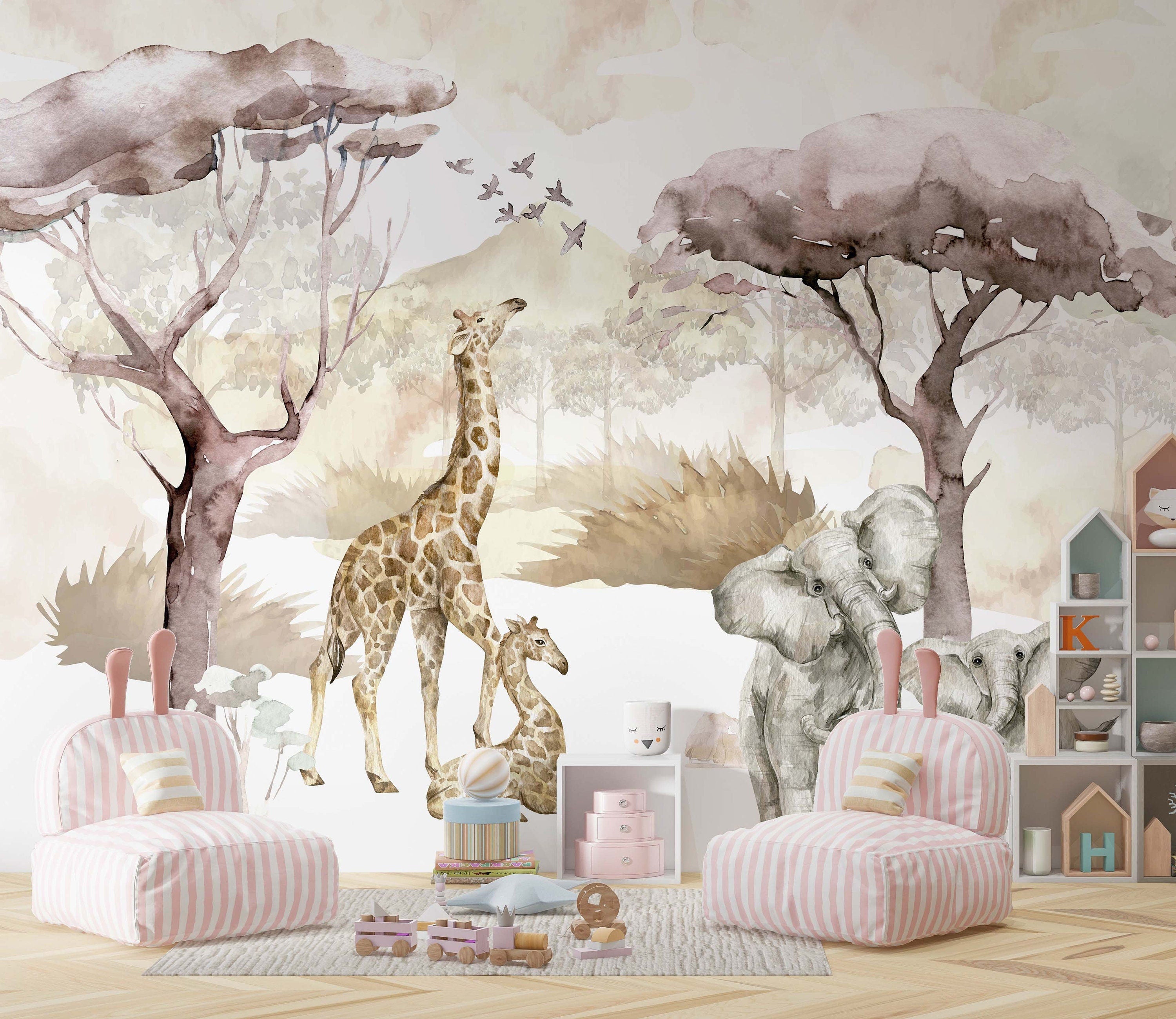 A beautifully illustrated Safari Wall Mural depicting the African savanna with wildlife and scenic landscapes.