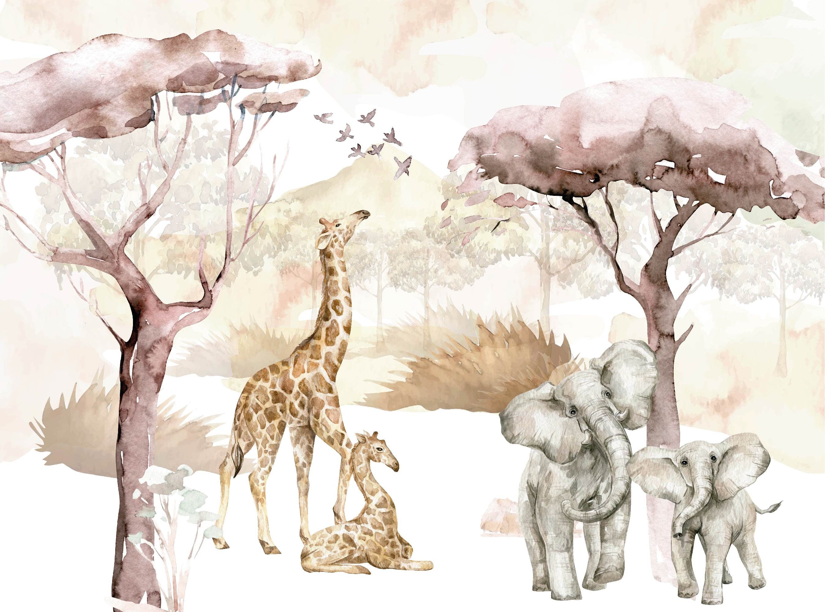A beautifully illustrated Safari Wall Mural depicting the African savanna with wildlife and scenic landscapes.