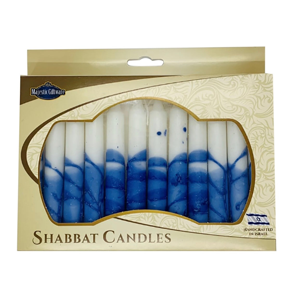 Box of blue and white candles.
