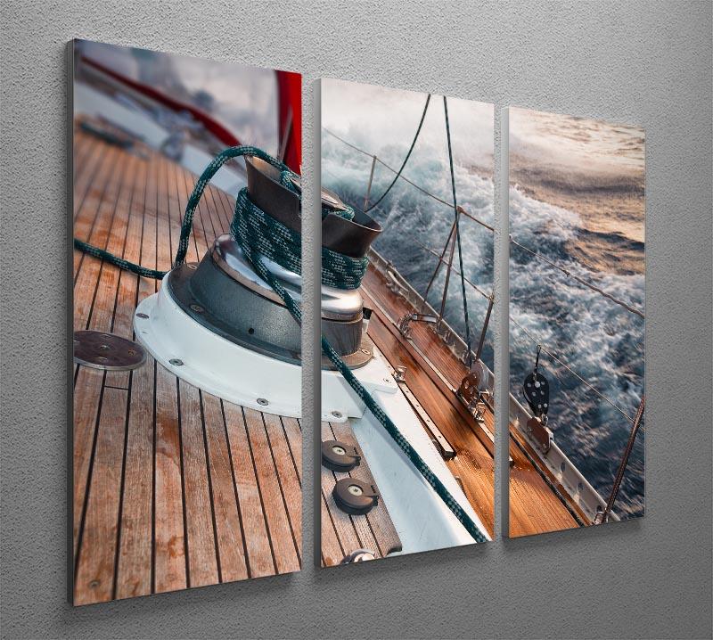 A stunning 3-panel canvas print depicting a sail boat navigating through a stormy sea, showcasing dramatic skies and waves.