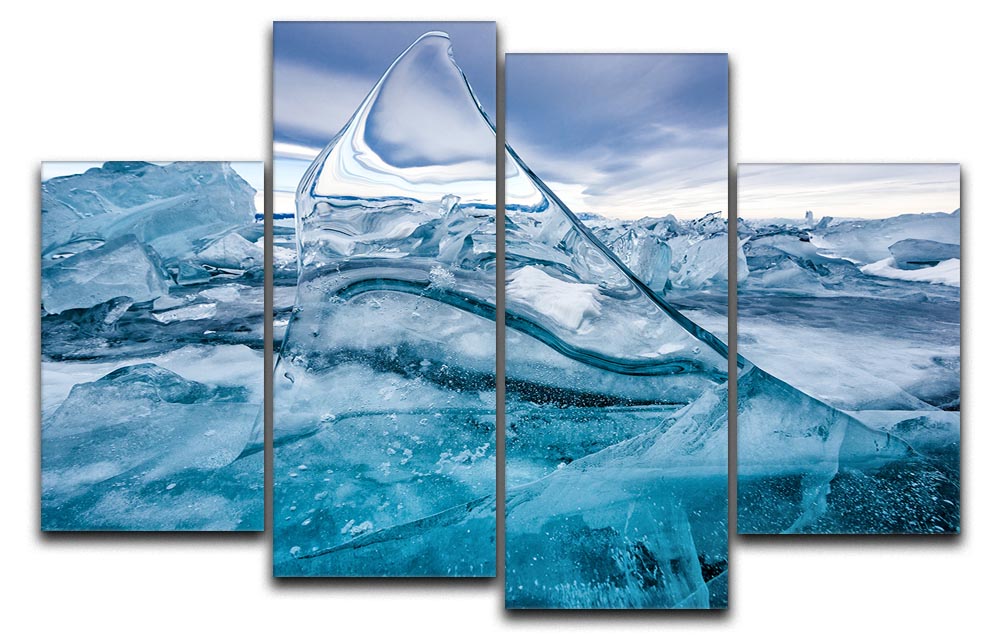 A beautiful 4-split canvas artwork depicting a serene winter lake scene, showcasing soft colors and intricate details.