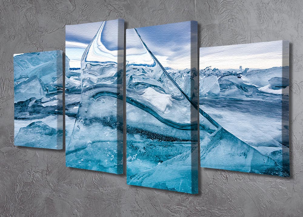 A beautiful 4-split canvas artwork depicting a serene winter lake scene, showcasing soft colors and intricate details.