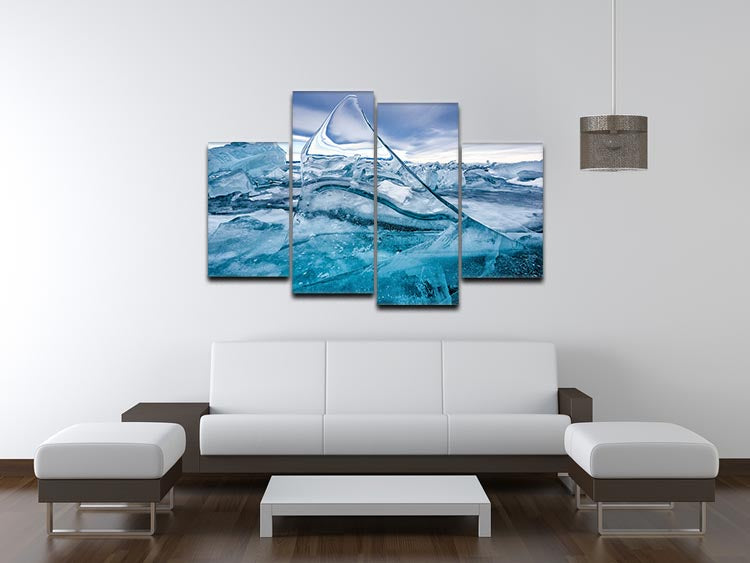 A beautiful 4-split canvas artwork depicting a serene winter lake scene, showcasing soft colors and intricate details.